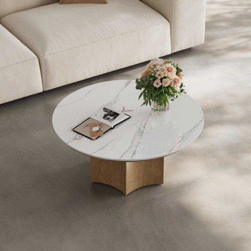 Beyaz Sinterli Taş Tablalı Masif Ahşap Kaide Ayaklı Yuvarlak Orta Sehpa - 90 cm - 243272