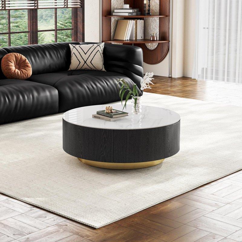 Beyaz Suni Mermer Gold Detaylı Asansörlü ve Çekmeceli Yuvarlak Orta Sehpa - 90 cm - 239839
