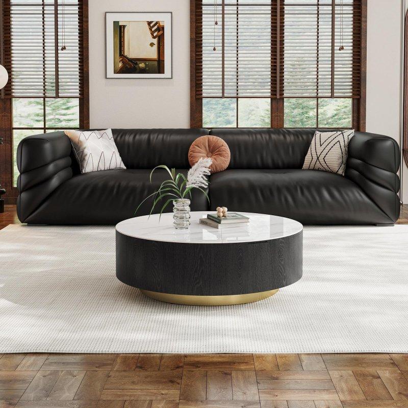 Beyaz Suni Mermer Gold Detaylı Asansörlü ve Çekmeceli Yuvarlak Orta Sehpa - 90 cm - 239839