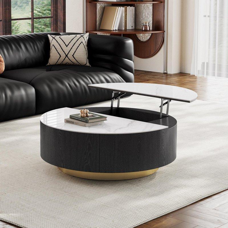 Beyaz Suni Mermer Gold Detaylı Asansörlü ve Çekmeceli Yuvarlak Orta Sehpa - 90 cm - 239839