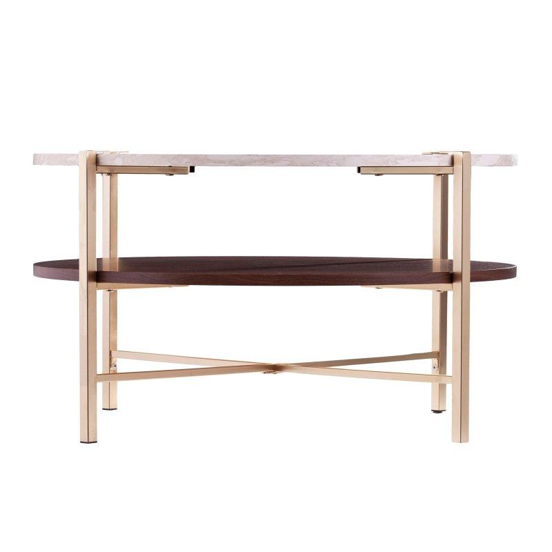 Beyaz Suni Mermer Gold Metal Raflı X Ayaklı Yuvarlak Orta Sehpa - 85x46 cm - 242543