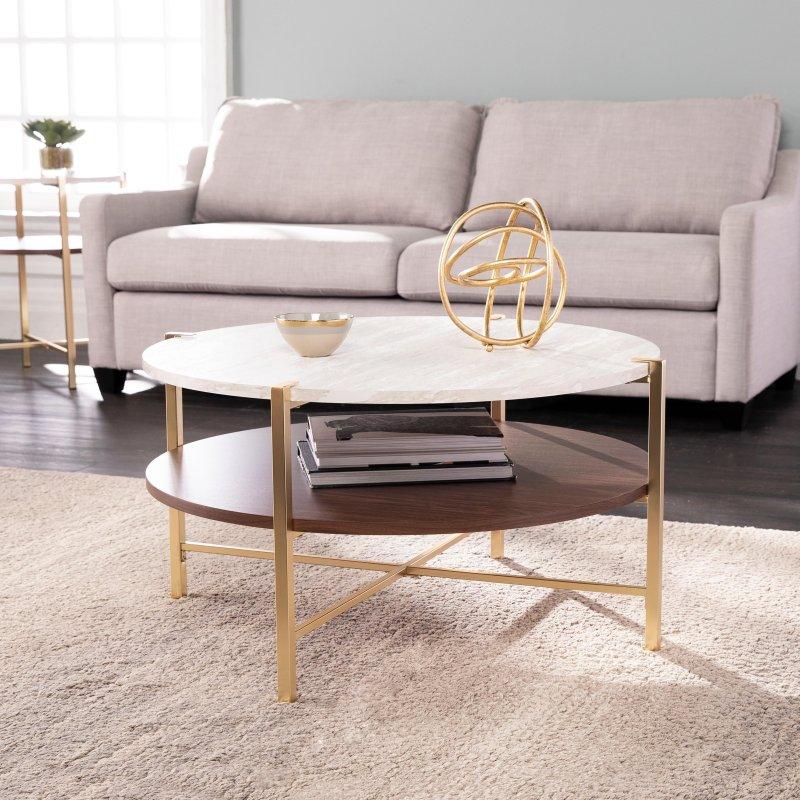 Beyaz Suni Mermer Gold Metal Raflı X Ayaklı Yuvarlak Orta Sehpa - 85x46 cm - 242543