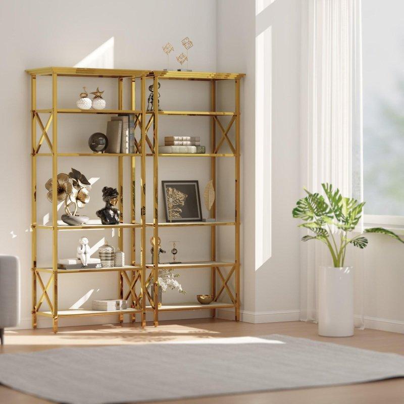 Beyaz Temperli Cam 6 Raflı Gold Paslanmaz Çelik Kitaplık - 181 cm - 316070