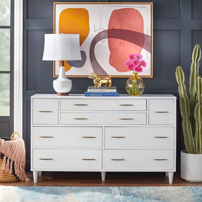 Beyaz ve Açık Ahşap MDF Sekiz Çekmeceli Mid-Century Modern Şifonyer - 145x45x88 cm - 294833