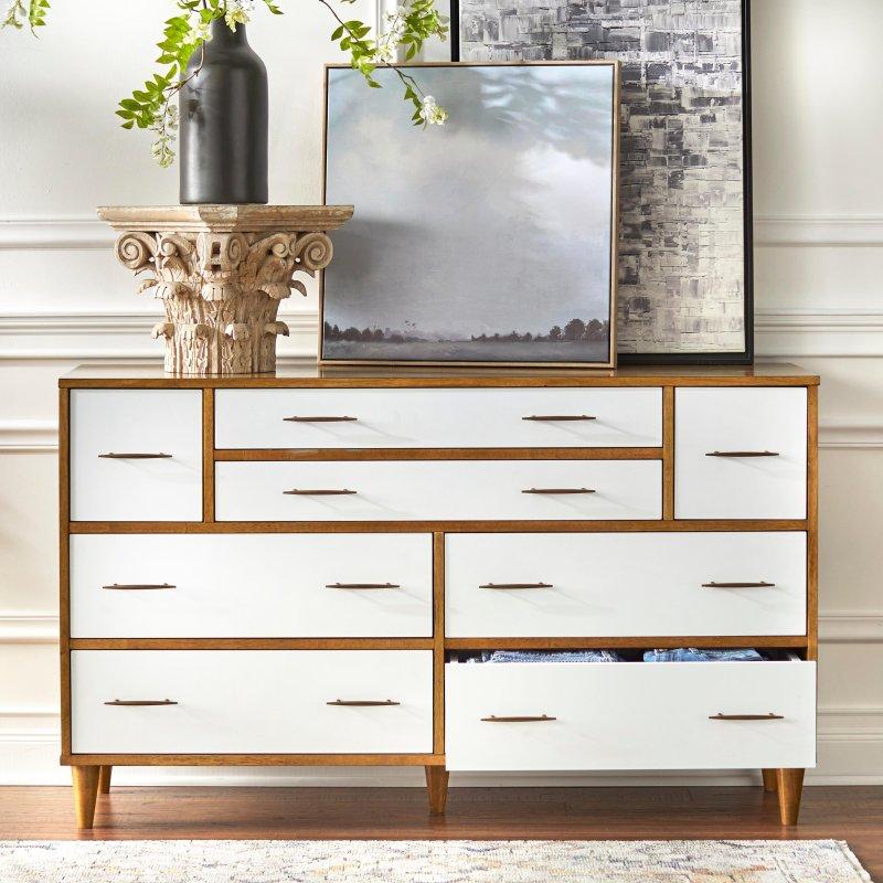Beyaz ve Açık Ahşap MDF Sekiz Çekmeceli Mid-Century Modern Şifonyer - 145x45x88 cm - 294833
