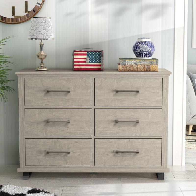 Beyaz ve Açık Ahşap Tonlu MDF 6 Çekmeceli Konik Ayaklı Şifonyer - 133x94 cm - 298376