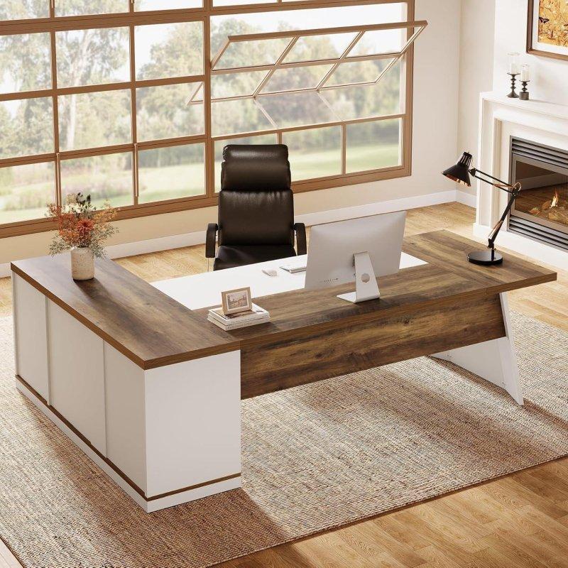 Beyaz ve Ahşap MDF L Tipi Dolaplı Ofis Masası - 200 cm - 326259