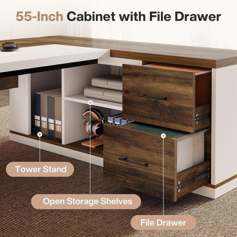 Beyaz ve Ahşap MDF L Tipi Dolaplı Ofis Masası - 200 cm - 326259