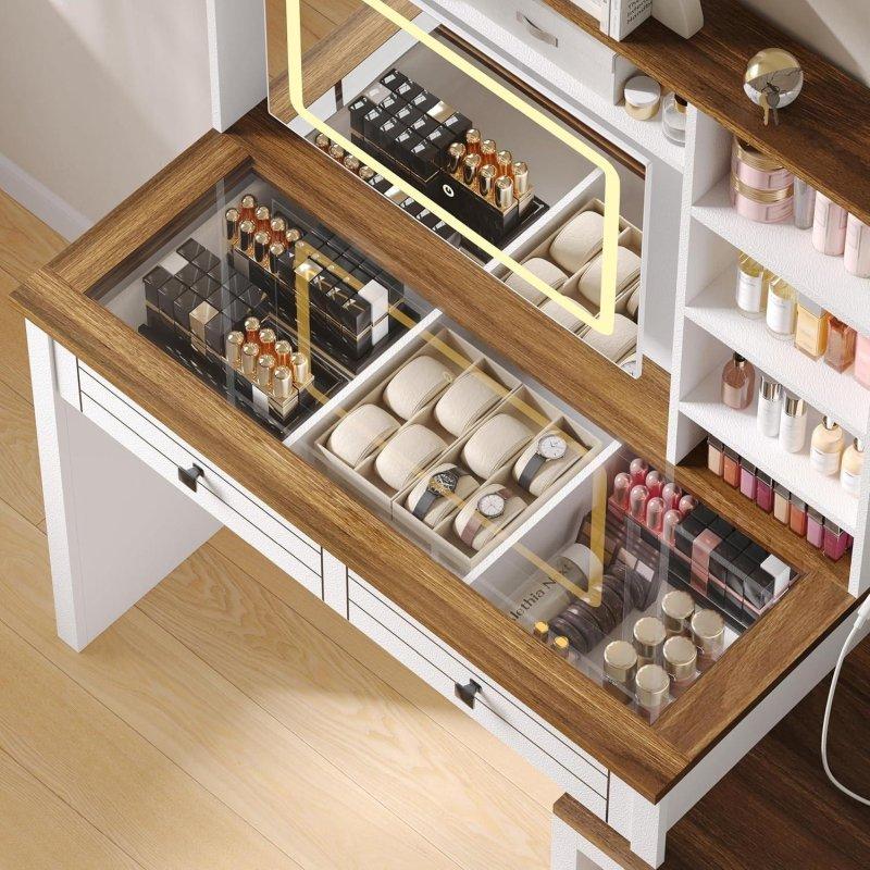 Beyaz ve Ahşap Tonlu MDF Cam Tablalı LED Aynalı ve Şarj İstasyonlu Makyaj Masalı Şifonyer - 309687
