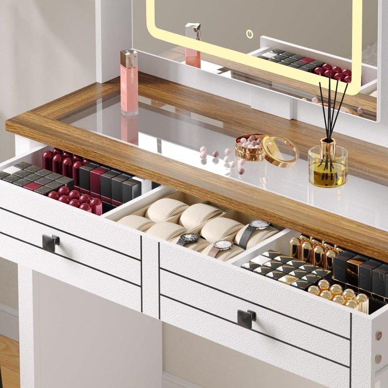 Beyaz ve Ahşap Tonlu MDF Cam Tablalı LED Aynalı ve Şarj İstasyonlu Makyaj Masalı Şifonyer - 309687