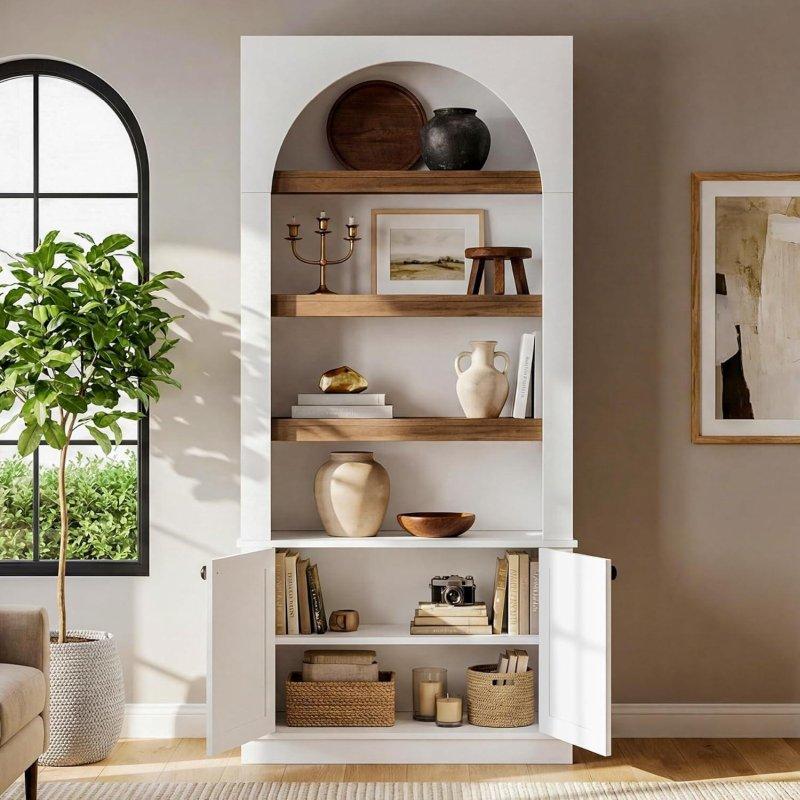 Beyaz ve Ahşap Tonlu MDF Kapaklı Kemerli Kitaplık - 181 cm - 313311