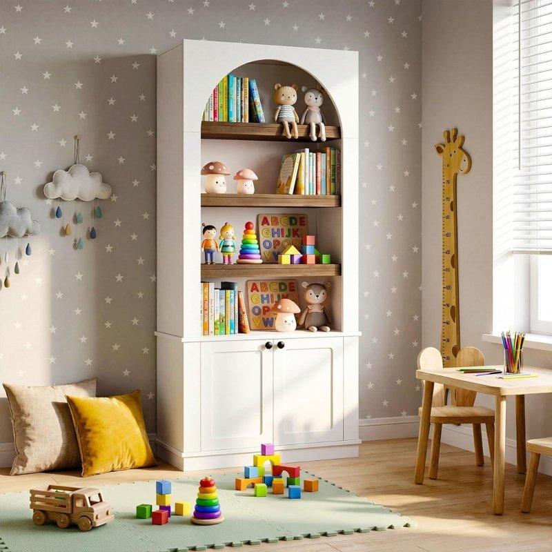 Beyaz ve Ahşap Tonlu MDF Kapaklı Kemerli Kitaplık - 181 cm - 313311