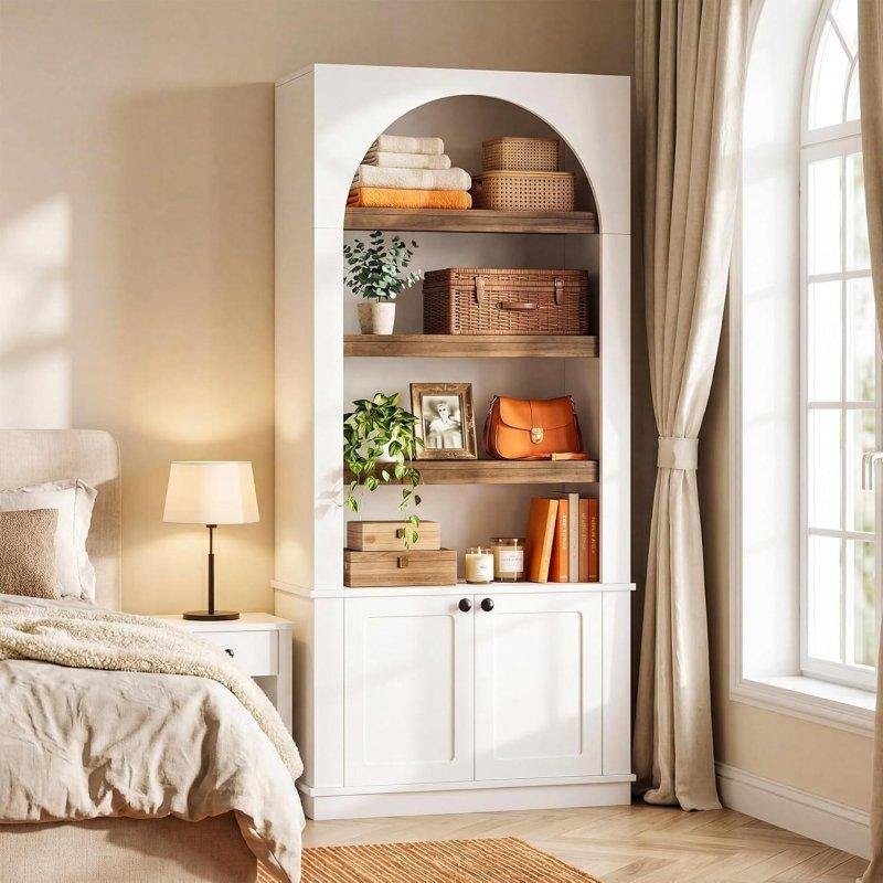 Beyaz ve Ahşap Tonlu MDF Kemerli Kapaklı 6 Raflı Kitaplık - 81x36x181 cm - 312106