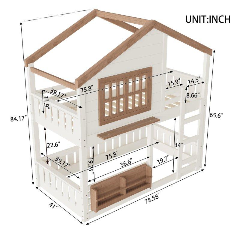 Beyaz ve Bej Çam Ağacı Kitaplıklı Ev Tasarımlı Ranza - 249099