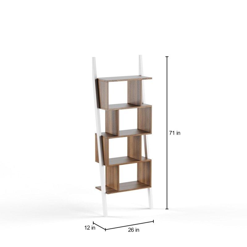 Beyaz ve Ceviz İki Renkli 5 Raflı Zikzak Merdiven Kitaplık - 181x65 cm - 315456