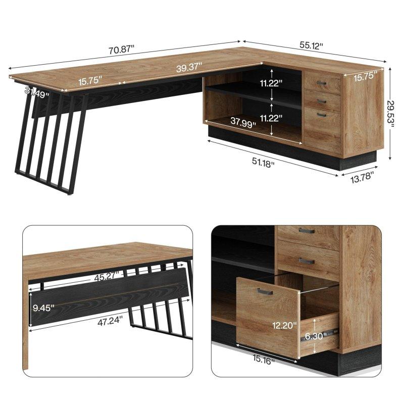 Beyaz ve Ceviz MDF L Tipi Çekmeceli ve Raflı Ofis Masası - 180 cm - 326688