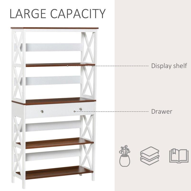 Beyaz ve Ceviz Rengi MDF 4 Raflı Çekmeceli X Tasarımlı Kitaplık - 81x152x30 cm - 312600