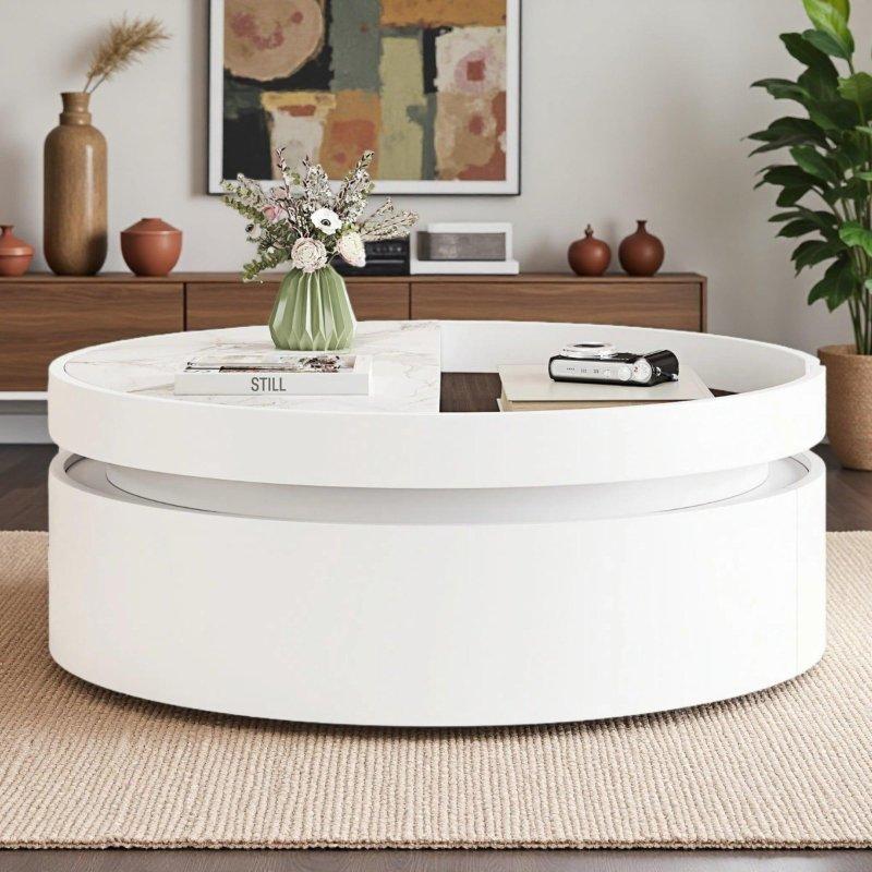 Beyaz ve Ceviz Tonu MDF Asansörlü Çekmeceli Yuvarlak Akıllı Sehpa - 75x75x30 cm - 254284