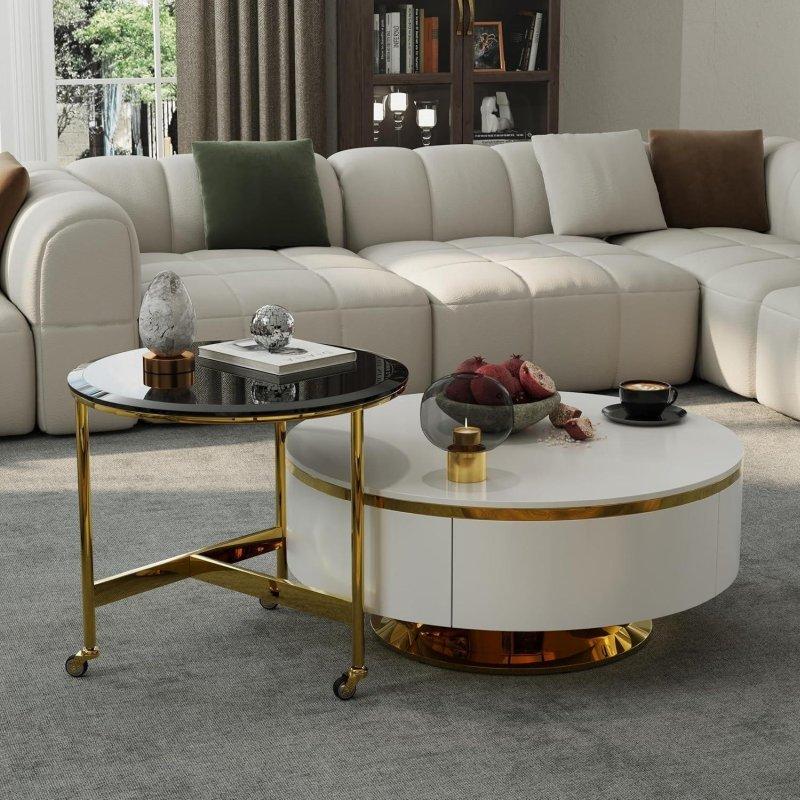 Beyaz ve Doğal Ahşap 2 Çekmeceli İç İçe Geçen Yuvarlak Orta Sehpa Seti - 81 cm - 241304