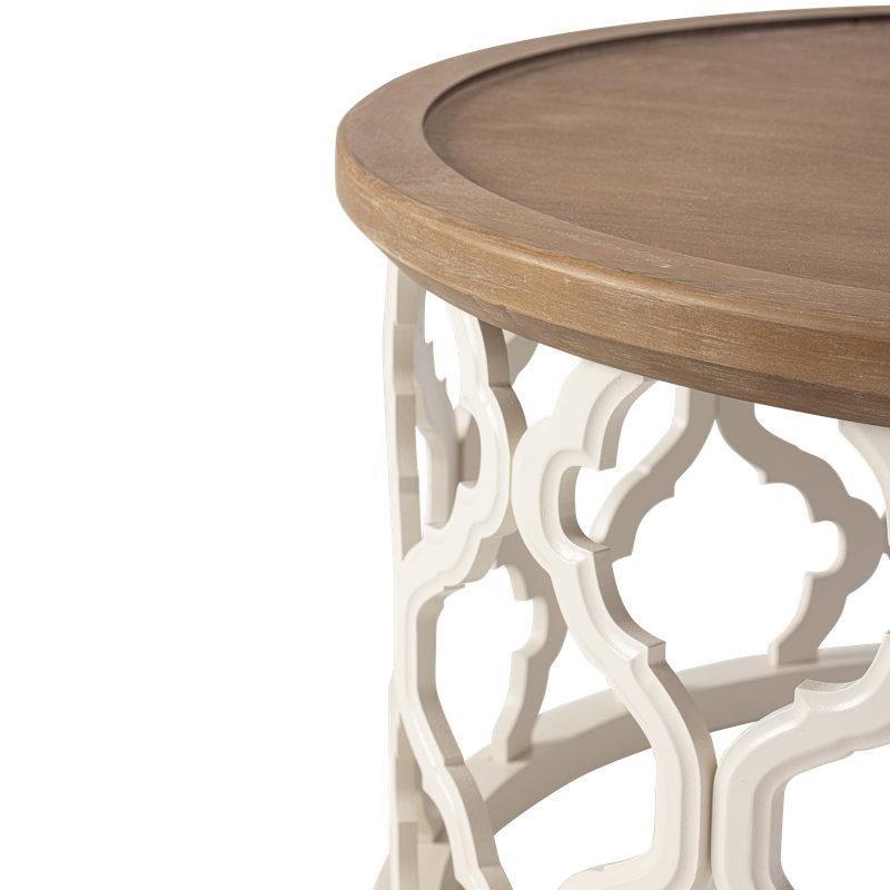 Beyaz ve Doğal Ahşap Kavisli Motifli Tepsili Yuvarlak Orta Sehpa - 77x41 cm - 245547