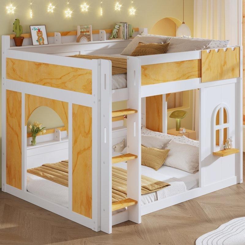 Beyaz ve Doğal Ahşap Masif Çam ve MDF Pencereli Kapılı Raflı Ranza - 248502