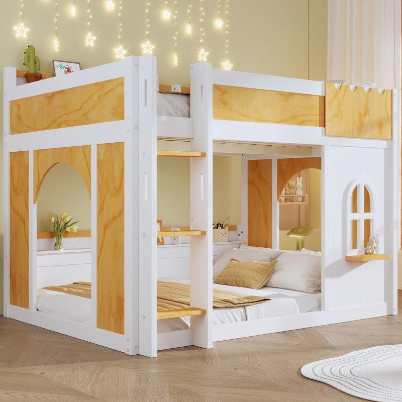 Beyaz ve Doğal Ahşap Masif Çam ve MDF Pencereli Kapılı Raflı Ranza - 248502