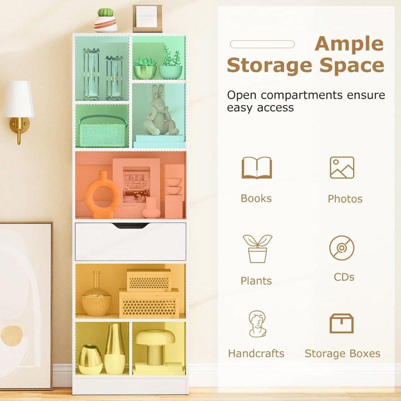 Beyaz ve Doğal Ahşap MDF 8 Raflı Çekmeceli İskandinav Kitaplık - 320879