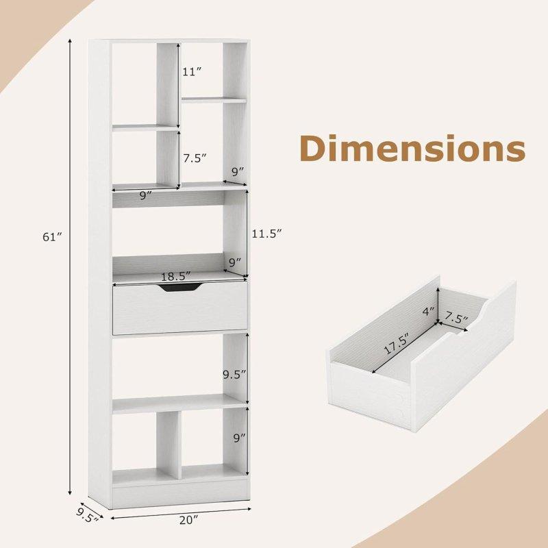 Beyaz ve Doğal Ahşap MDF 8 Raflı Çekmeceli İskandinav Kitaplık - 320879