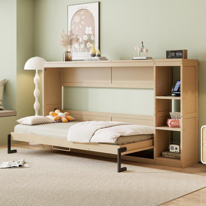 Beyaz ve Doğal Ahşap MDF Dahili Kitaplıklı Duvar Yatağı - 266869