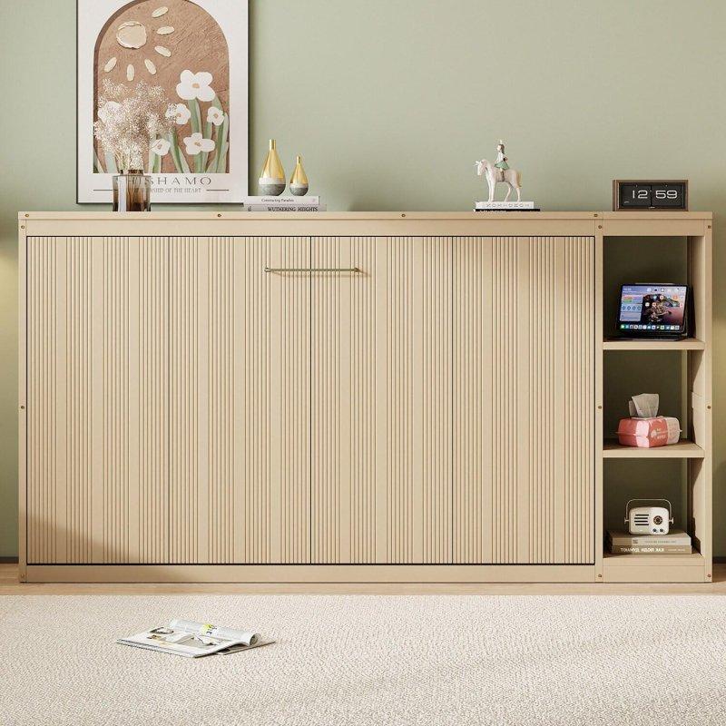 Beyaz ve Doğal Ahşap MDF Dahili Kitaplıklı Duvar Yatağı - 266869