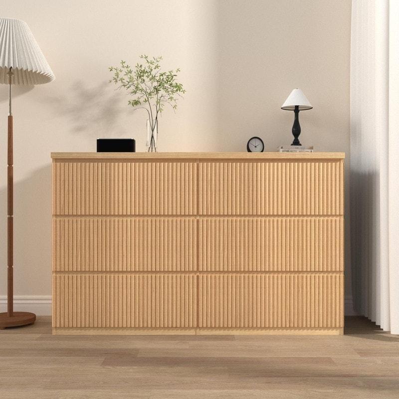 Beyaz ve Doğal Ahşap MDF Dalgalı Panelli Kulpsuz 6 Çekmeceli Şifonyer - 120x40x81 cm - 308166