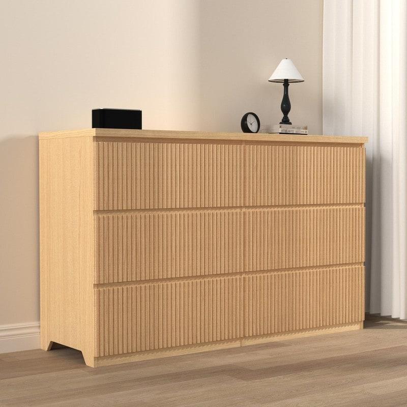 Beyaz ve Doğal Ahşap MDF Dalgalı Panelli Kulpsuz 6 Çekmeceli Şifonyer - 120x40x81 cm - 308166