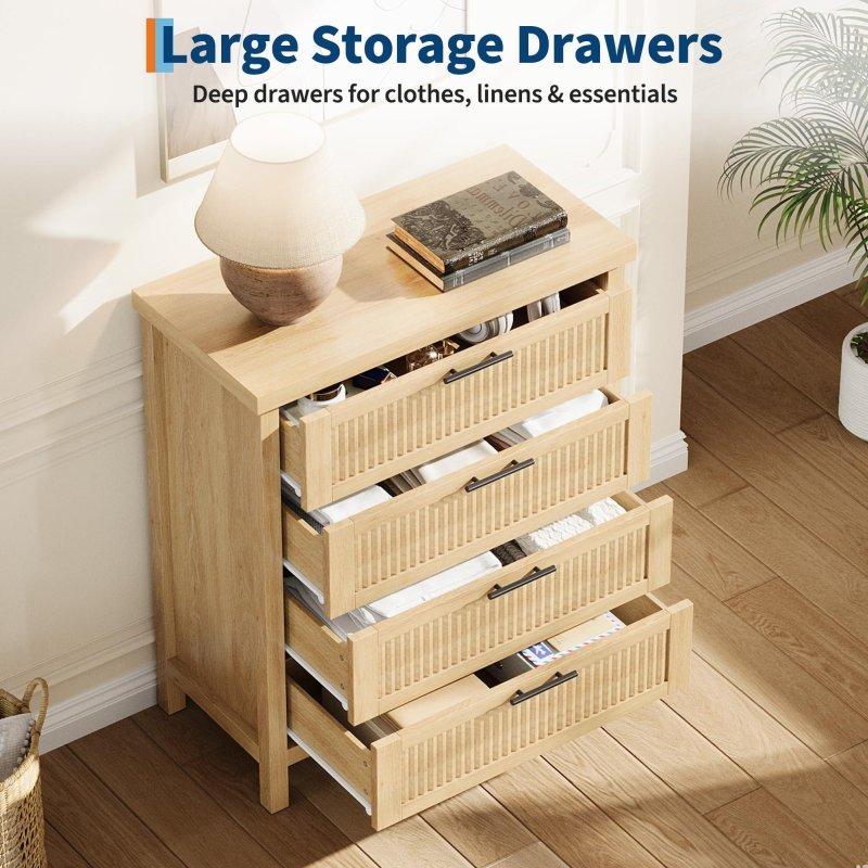 Beyaz ve Doğal Ahşap Rattan Yivli 4 Çekmeceli Şifonyer - 81x41x94 cm - 297344