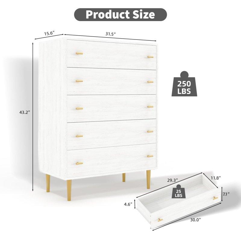 Beyaz ve Doğal Ahşap Rengi 5 Çekmeceli Masif Ayaklı Şifonyer - 81 cm - 307684