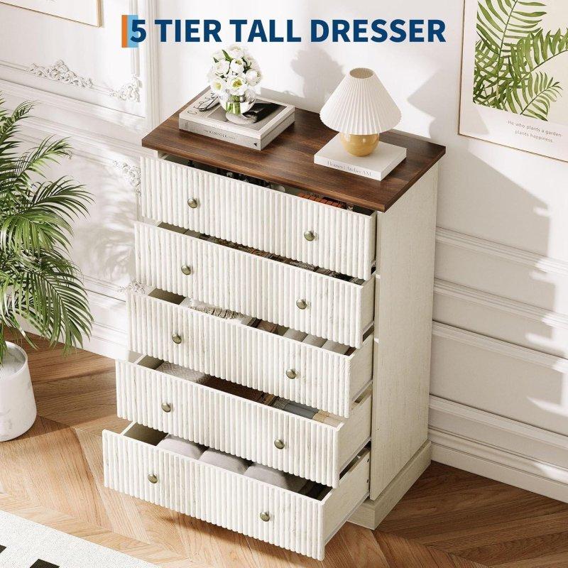 Beyaz ve Doğal Ahşap Rengi MDF 5 Çekmeceli Yivli Dikey Şifonyer - 305239