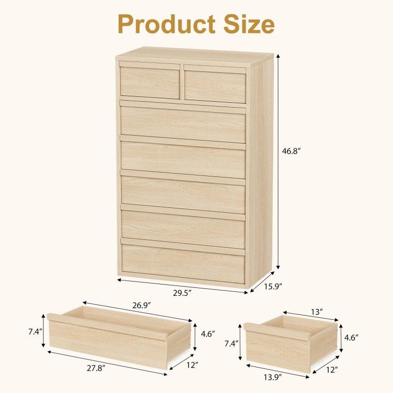Beyaz ve Doğal Ahşap Rengi MDF 7 Çekmeceli Dikey Şifonyer - 119 cm - 302739