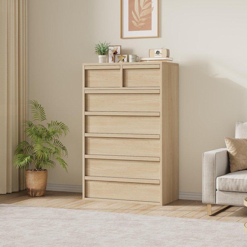 Beyaz ve Doğal Ahşap Rengi MDF 7 Çekmeceli Dikey Şifonyer - 119 cm - 302739