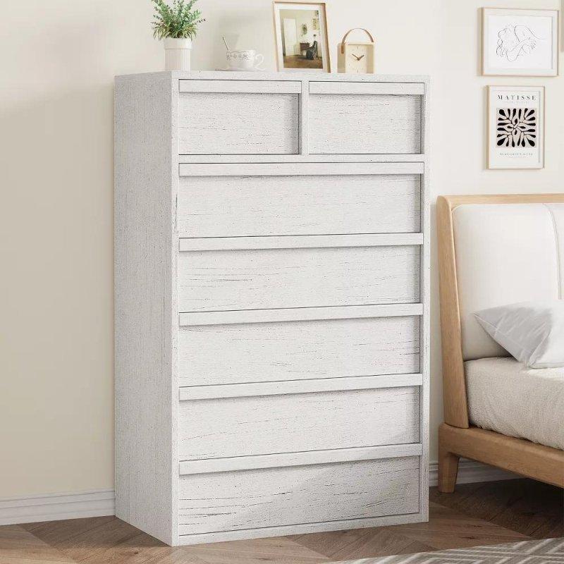 Beyaz ve Doğal Ahşap Rengi MDF 7 Çekmeceli Modern Şifonyer - 300994