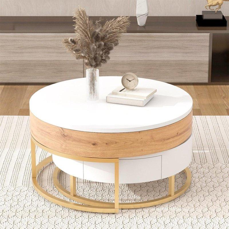 Beyaz ve Doğal Ahşap Rengi MDF Asansörlü 2 Çekmeceli Zigon Yuvarlak Orta Sehpa Seti - 81x40 cm - 242644