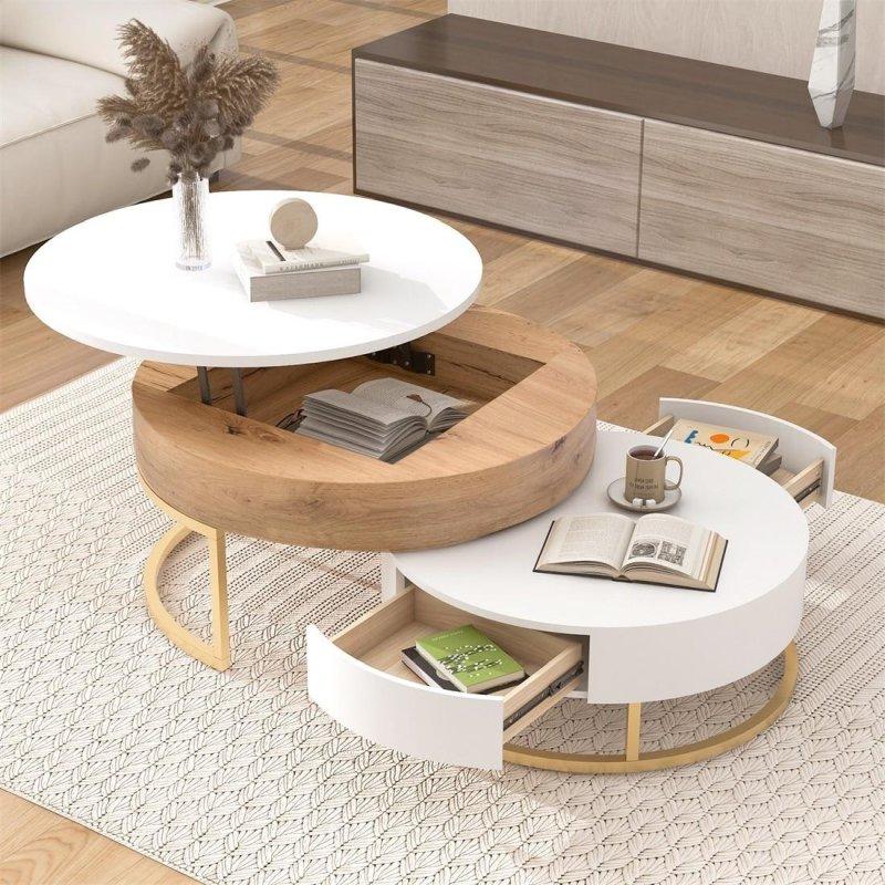 Beyaz ve Doğal Ahşap Rengi MDF Asansörlü 2 Çekmeceli Zigon Yuvarlak Orta Sehpa Seti - 81x40 cm - 242644