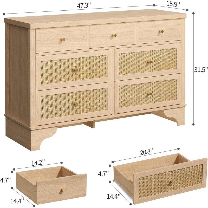 Beyaz ve Doğal Renk MDF El Örgüsü Rattan Panelli 7 Çekmeceli Şifonyer - 309891