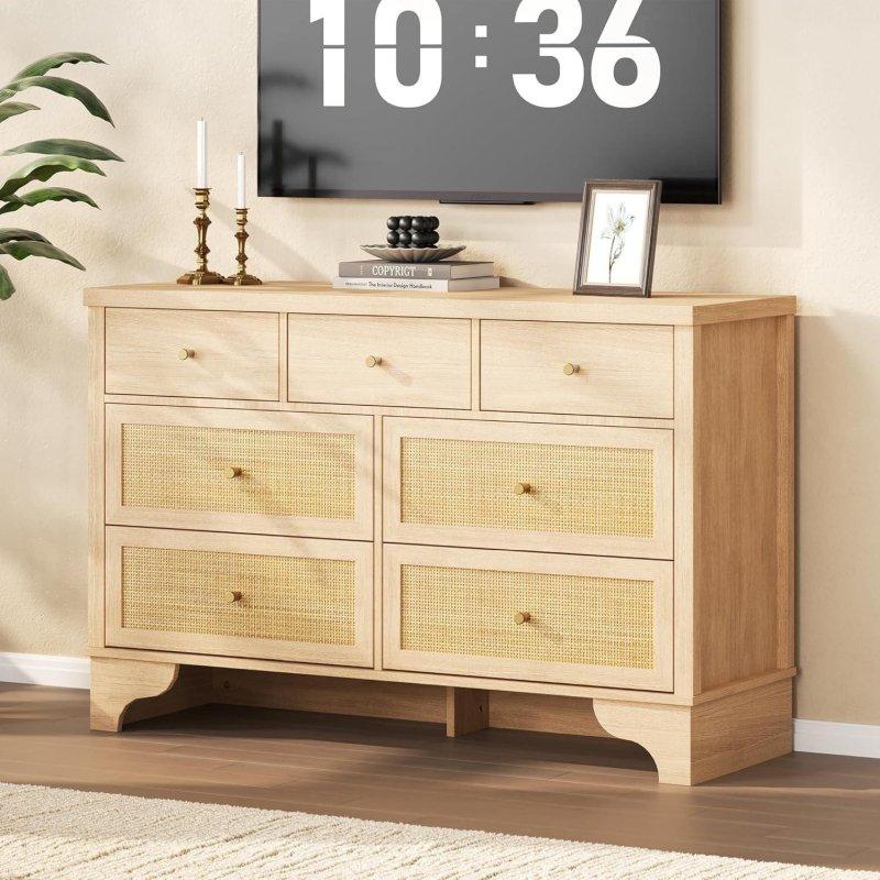 Beyaz ve Doğal Renk MDF El Örgüsü Rattan Panelli 7 Çekmeceli Şifonyer - 309891