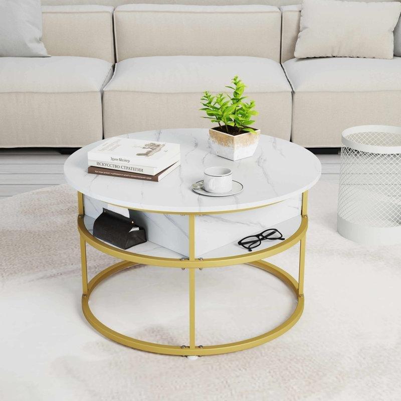 Beyaz ve Gold Ahşap Asansörlü ve Raflı Metal Ayaklı Yuvarlak Orta Sehpa - 80 cm - 244486