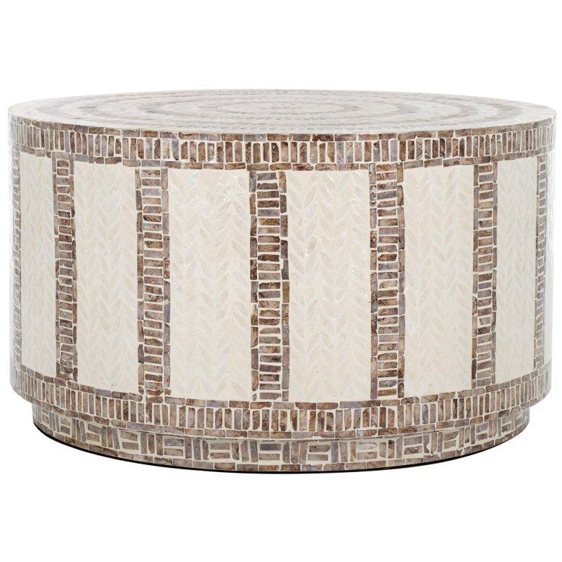 Beyaz ve Gold Kapiz Kabuğu İşlemeli Ahşap Silindirik Yuvarlak Orta Sehpa - 77x44 cm - 240084