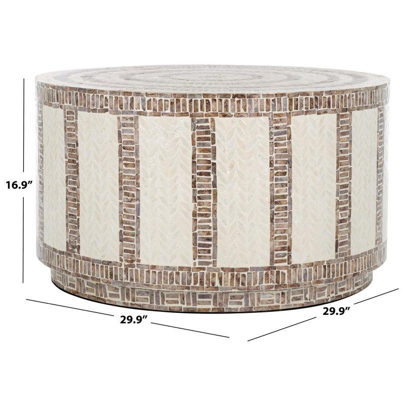 Beyaz ve Gold Kapiz Kabuğu İşlemeli Ahşap Silindirik Yuvarlak Orta Sehpa - 77x44 cm - 240084