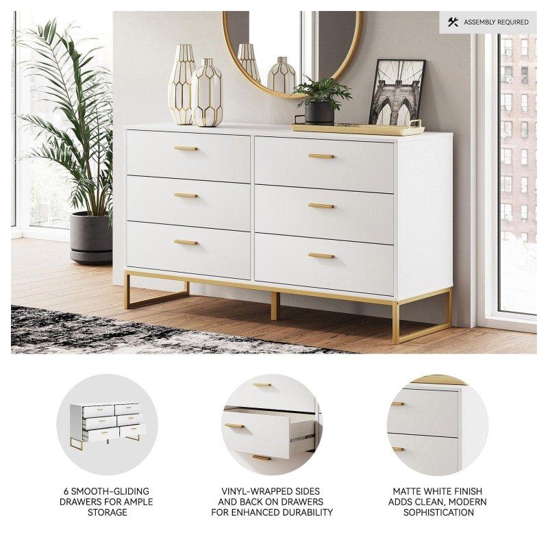 Beyaz ve Gold MDF 6 Çekmeceli Metal Ayaklı Şifonyer - 150 cm - 311029