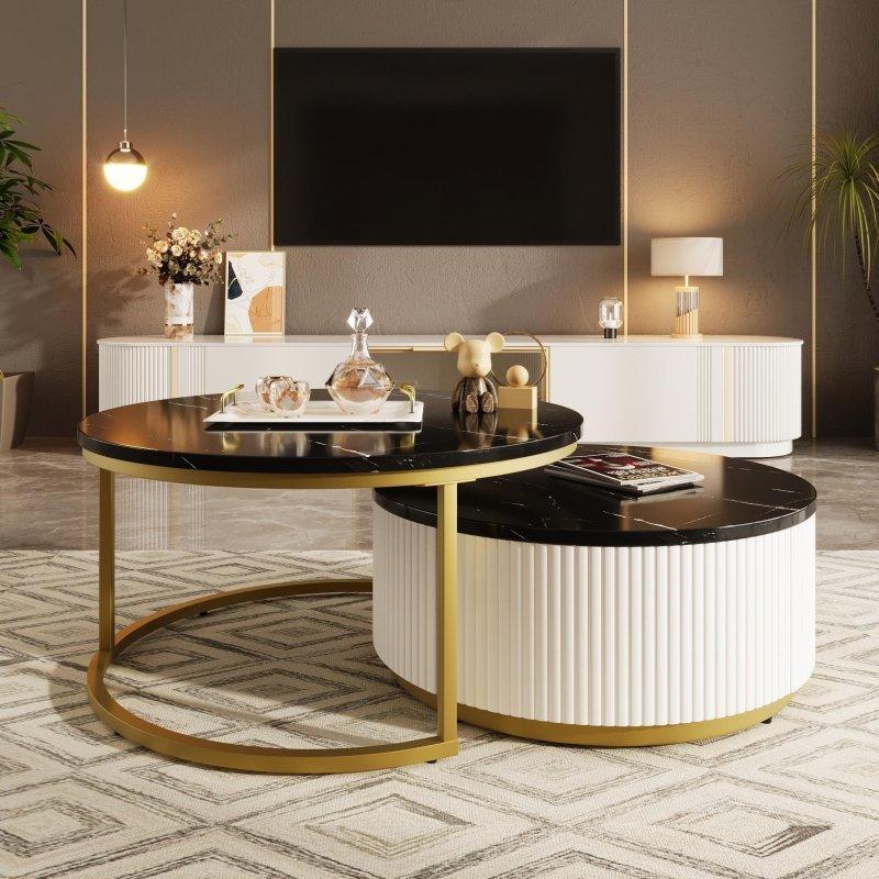 Beyaz ve Gold MDF Çekmeceli Yivli Zigon Yuvarlak Orta Sehpa - 240164