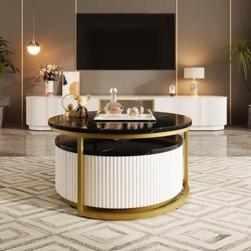 Beyaz ve Gold MDF Çekmeceli Yivli Zigon Yuvarlak Orta Sehpa - 240164