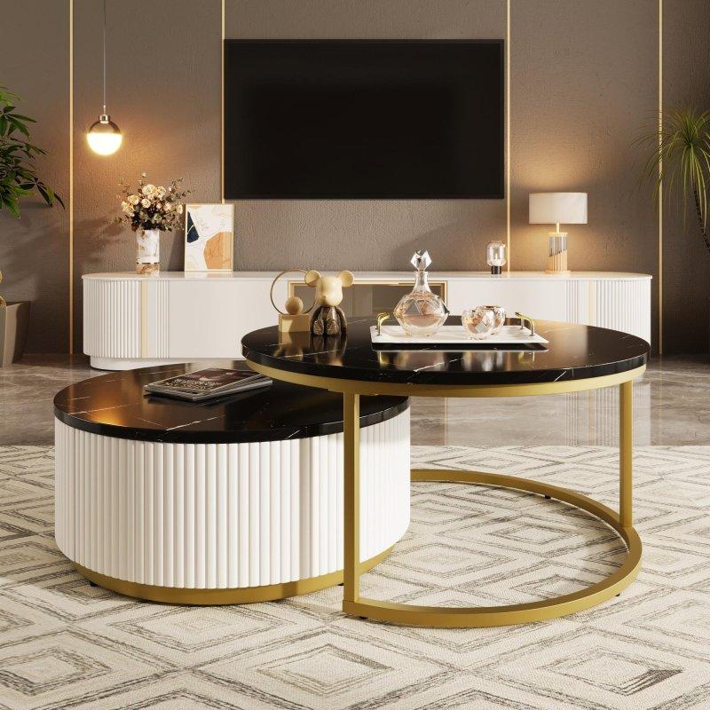 Beyaz ve Gold MDF Çekmeceli Yivli Zigon Yuvarlak Orta Sehpa - 240164