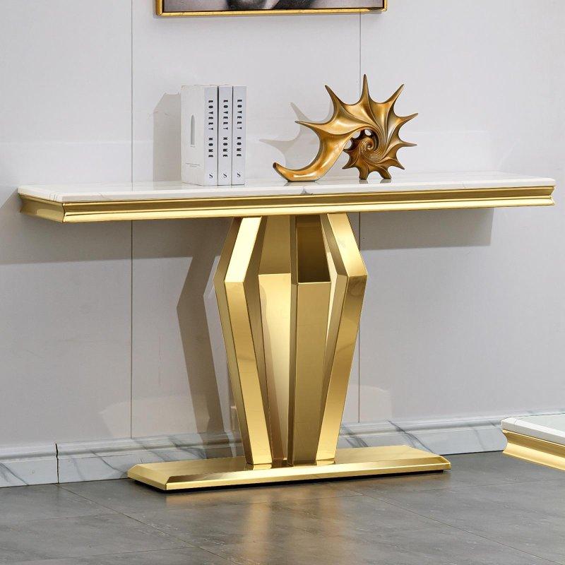 Beyaz ve Gold Mermer Desenli Geometrik Tabanlı Dresuar - 127x41x77 cm - 331772